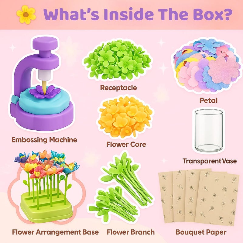 TOMLEON Fabric Flower Bouquet Craft Kit for Girls Ages 3+ – Create Reusable Fabric Flowers with Press Tool & Stems – Endless DIY Bouquets – No Glue, No Sewing – Perfect Creative Gift for Kids - Image 3